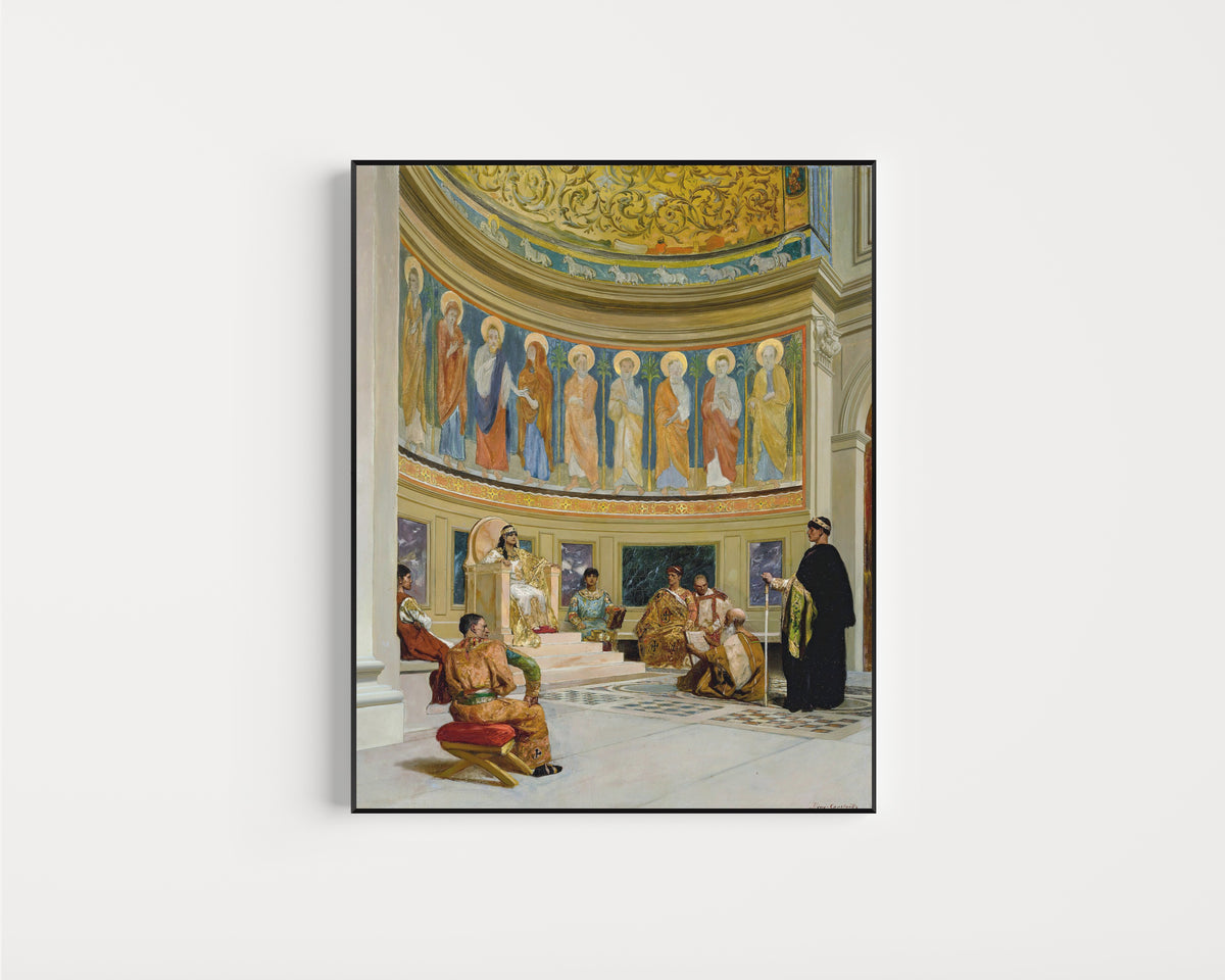 Framed art print of Saint John Chrysostom Exiled by the Empress Eudoxia by Jean-Joseph Benjamin-Constant, in a slim black frame on a plain white wall