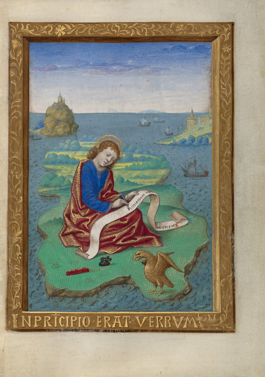 Georges Trubert — Saint John on Patmos | Illuminated Manuscript Print shown to scale on a wall above a sofa