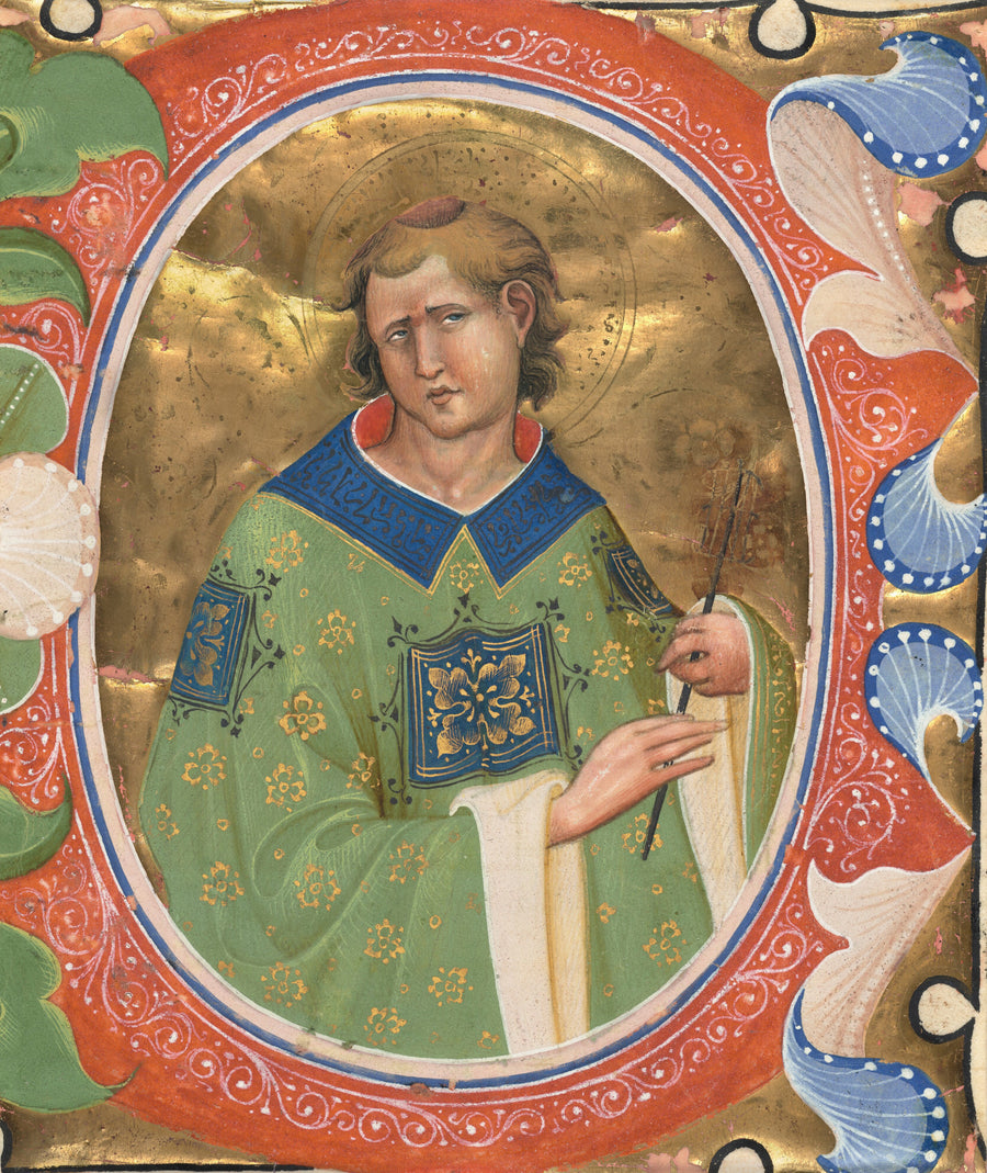 Master of the Murano Gradual — Saint Lawrence | Illuminated Initial Print shown to scale on a wall above a sofa