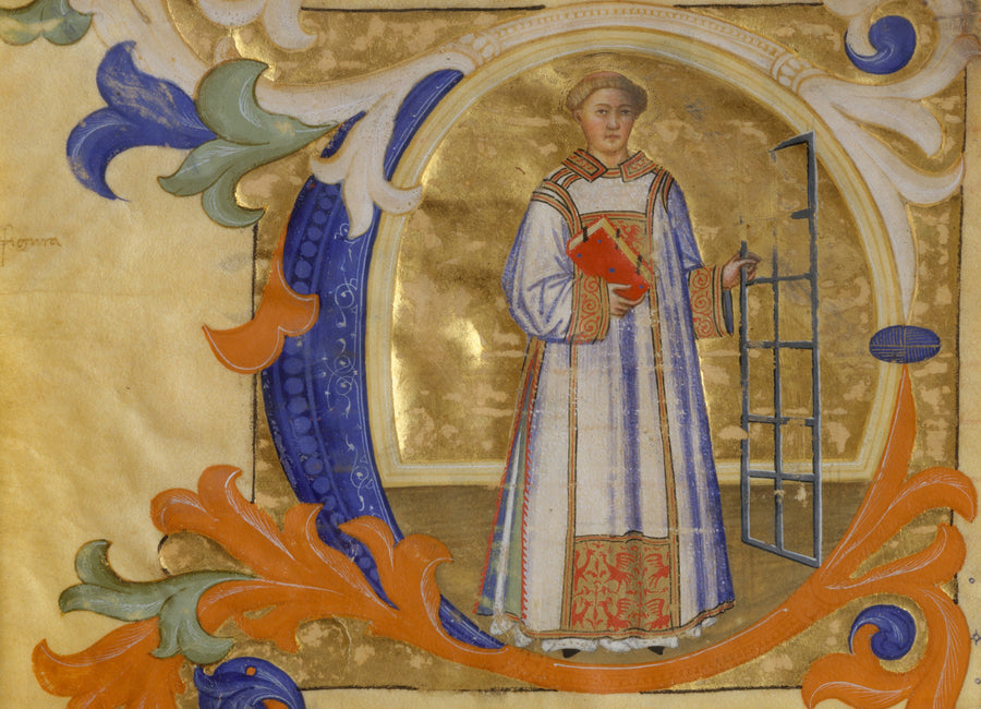 Don Simone Camaldolese — Saint Lawrence in an Initial C | Illuminated Initial Print shown to scale on a wall above a sofa