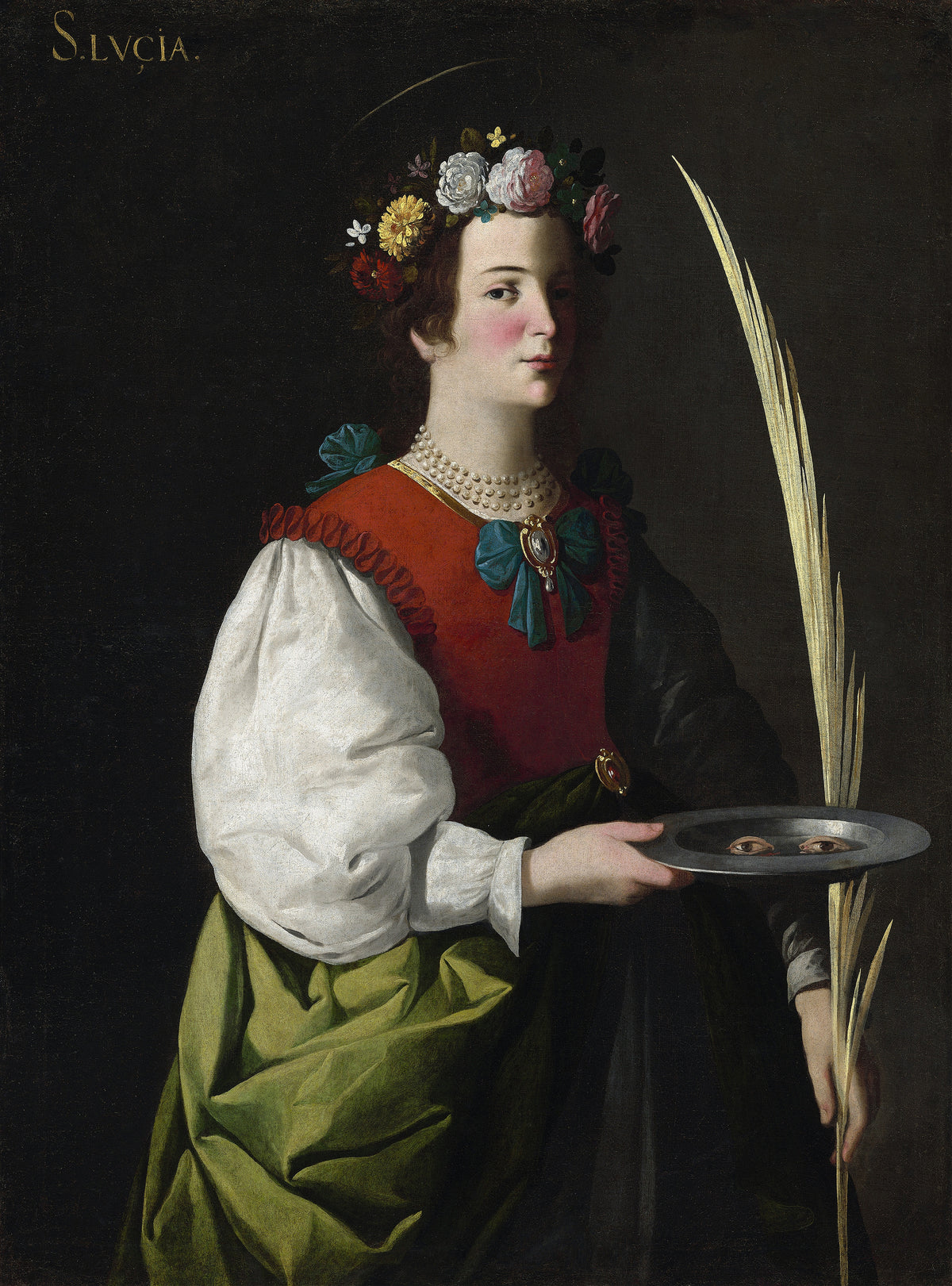 Saint Lucy by Francisco de Zurbarán — A saint in a flower wreath holds a dish with a pair of eyes