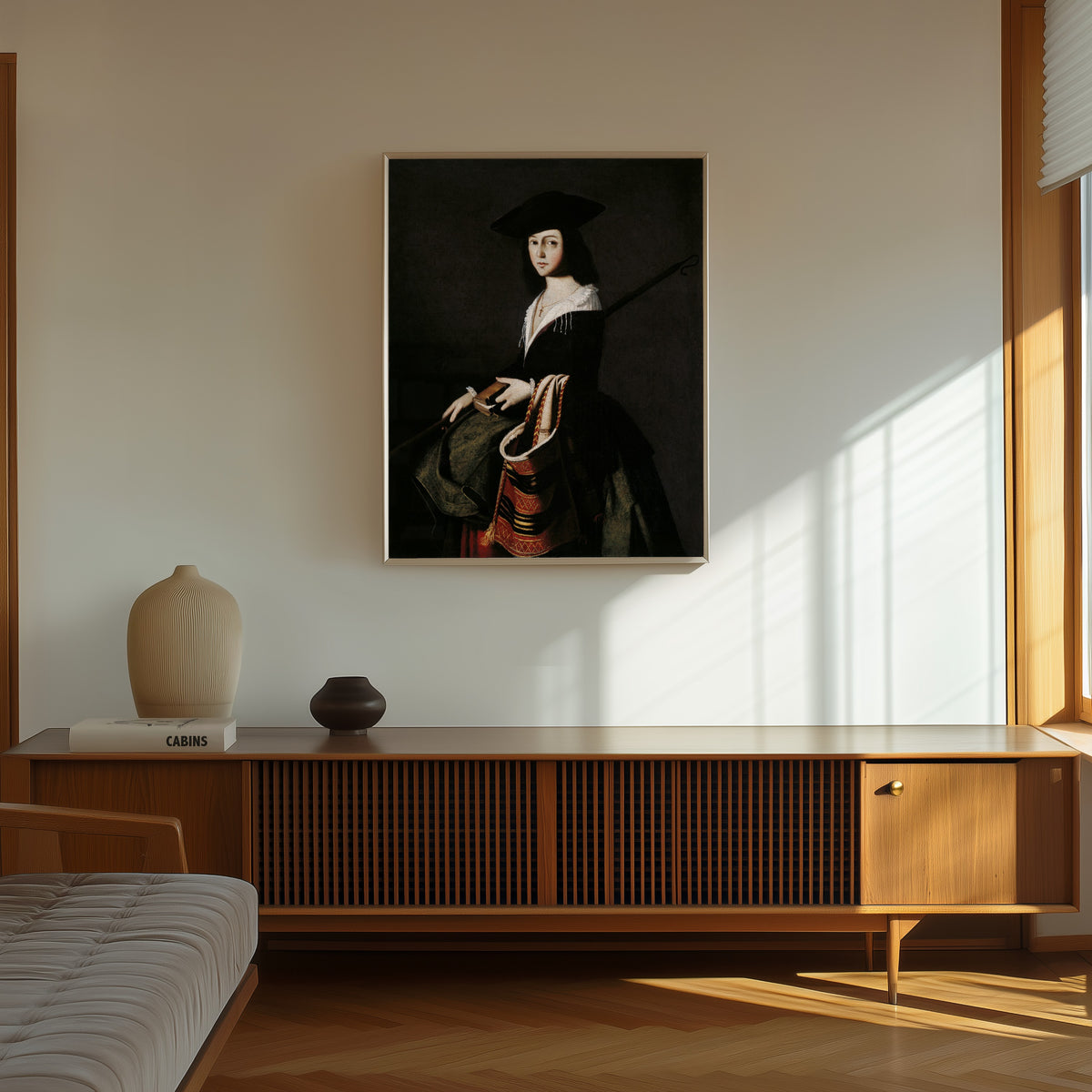 Framed art print of Saint Marina by Francisco de Zurbarán, in a thin light frame on a sunlit wall above a wooden sideboard
