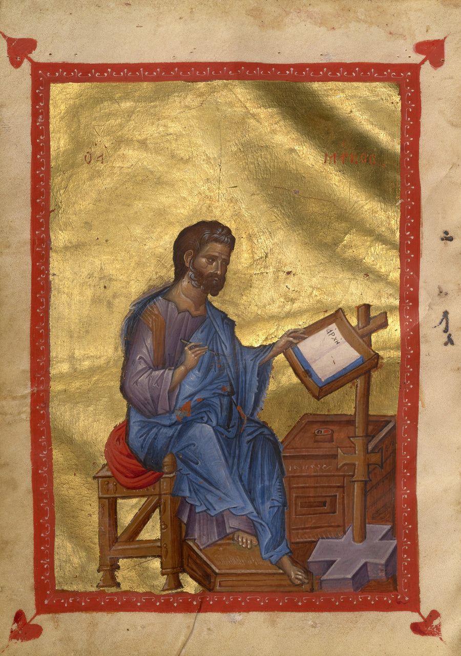 Saint Mark (Gold Ground) | Illuminated Manuscript Print shown to scale on a wall above a sofa