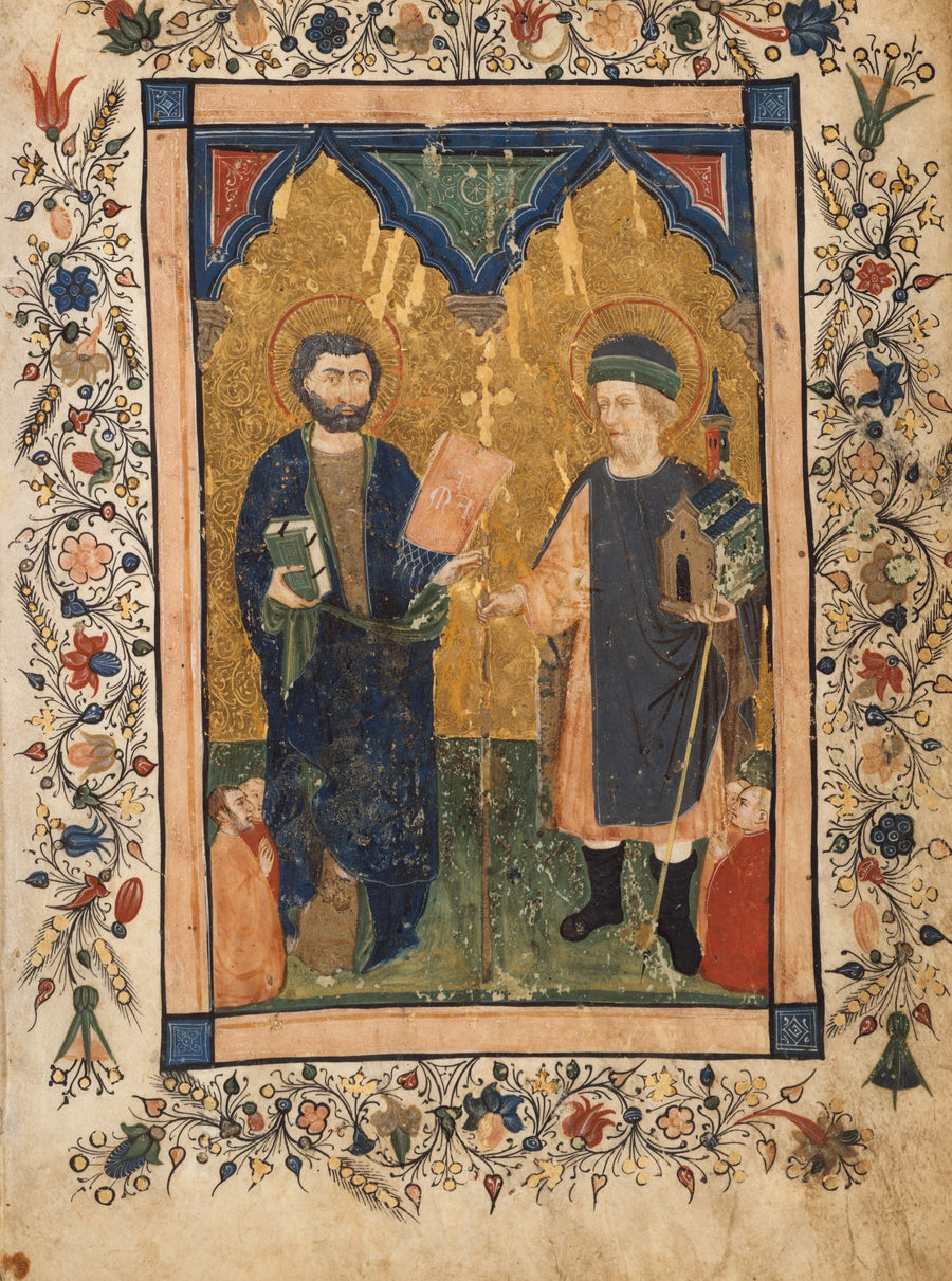 Cristoforo Cortese — Saint Mark the Evangelist and Saint Sinibaldus Venerated by Members of a Lay Confraternity | Illuminated Manuscript Print shown to scale on a wall above a sofa