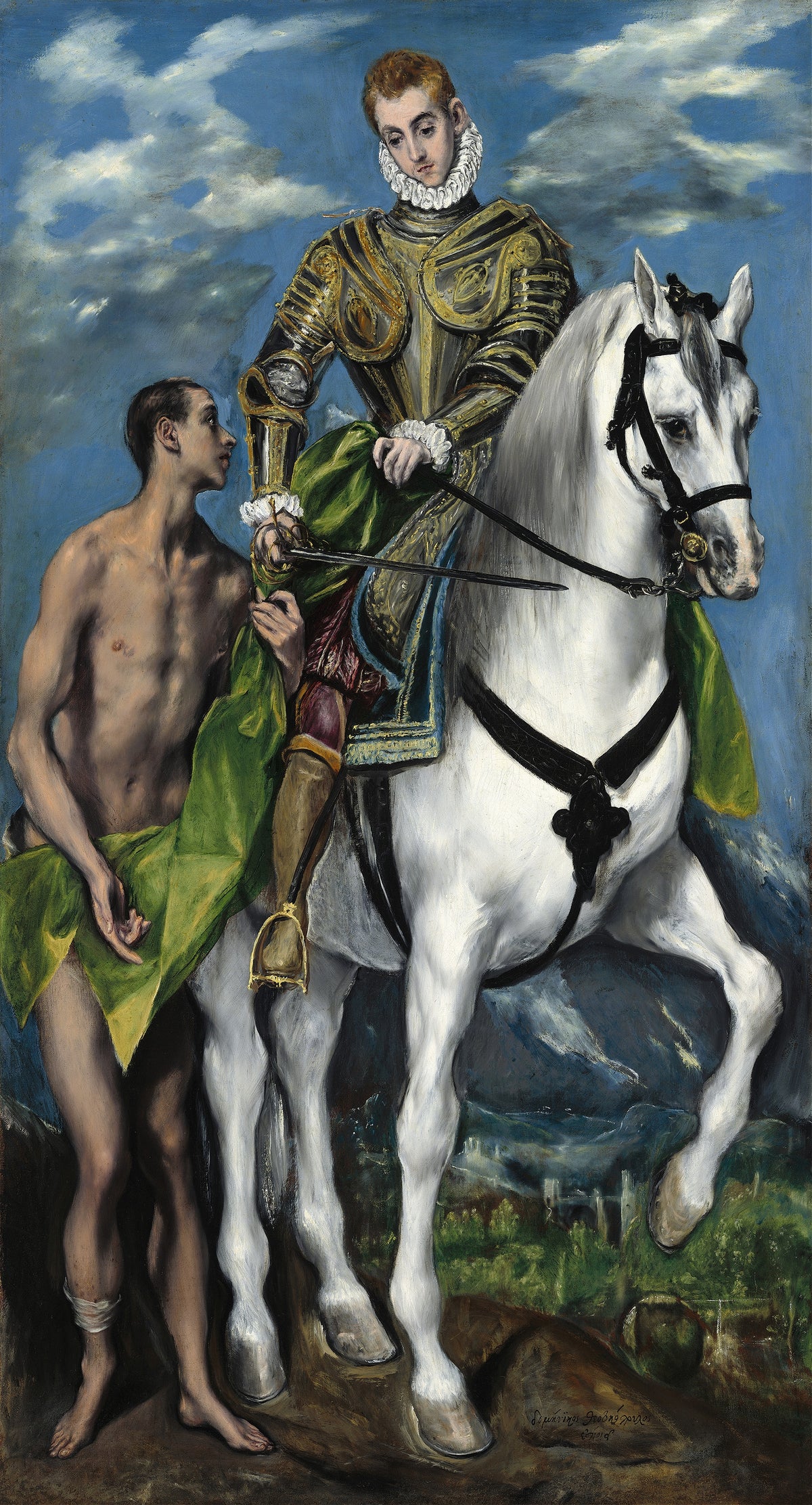 Saint Martin and the Beggar by El Greco — A knight in gilded armour on a white horse beside a bare-chested man