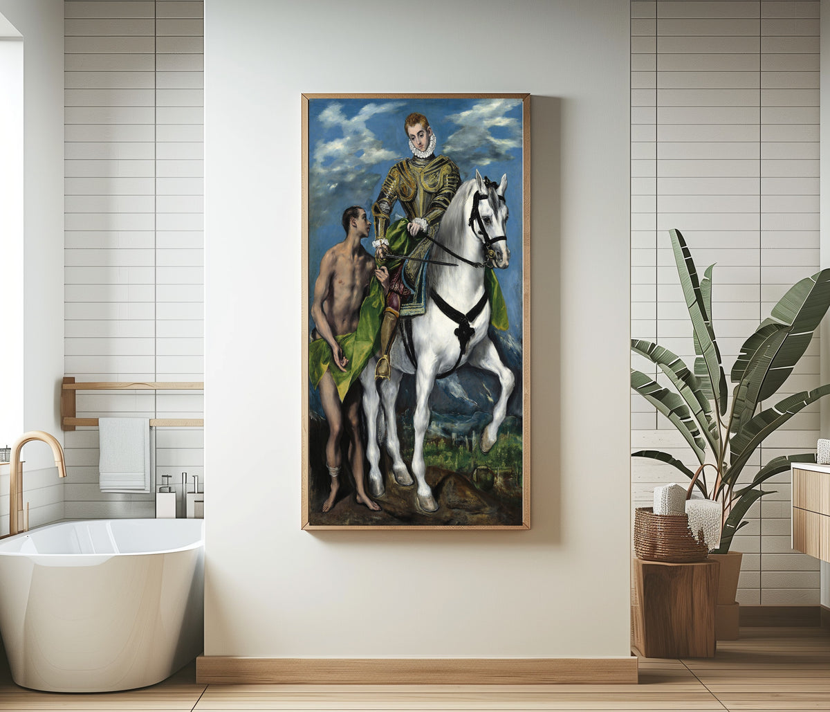 Framed art print of Saint Martin and the Beggar by El Greco, in a bathroom beside a freestanding tub