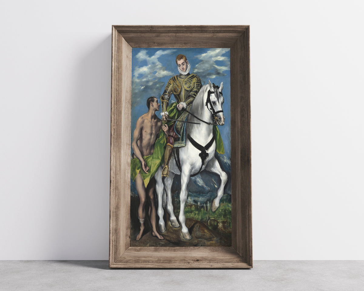 Framed art print of Saint Martin and the Beggar by El Greco, in a wide wooden frame leaning against a concrete wall
