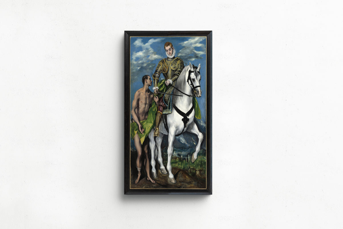 Framed art print of Saint Martin and the Beggar by El Greco, in a slim black frame on a plain white wall