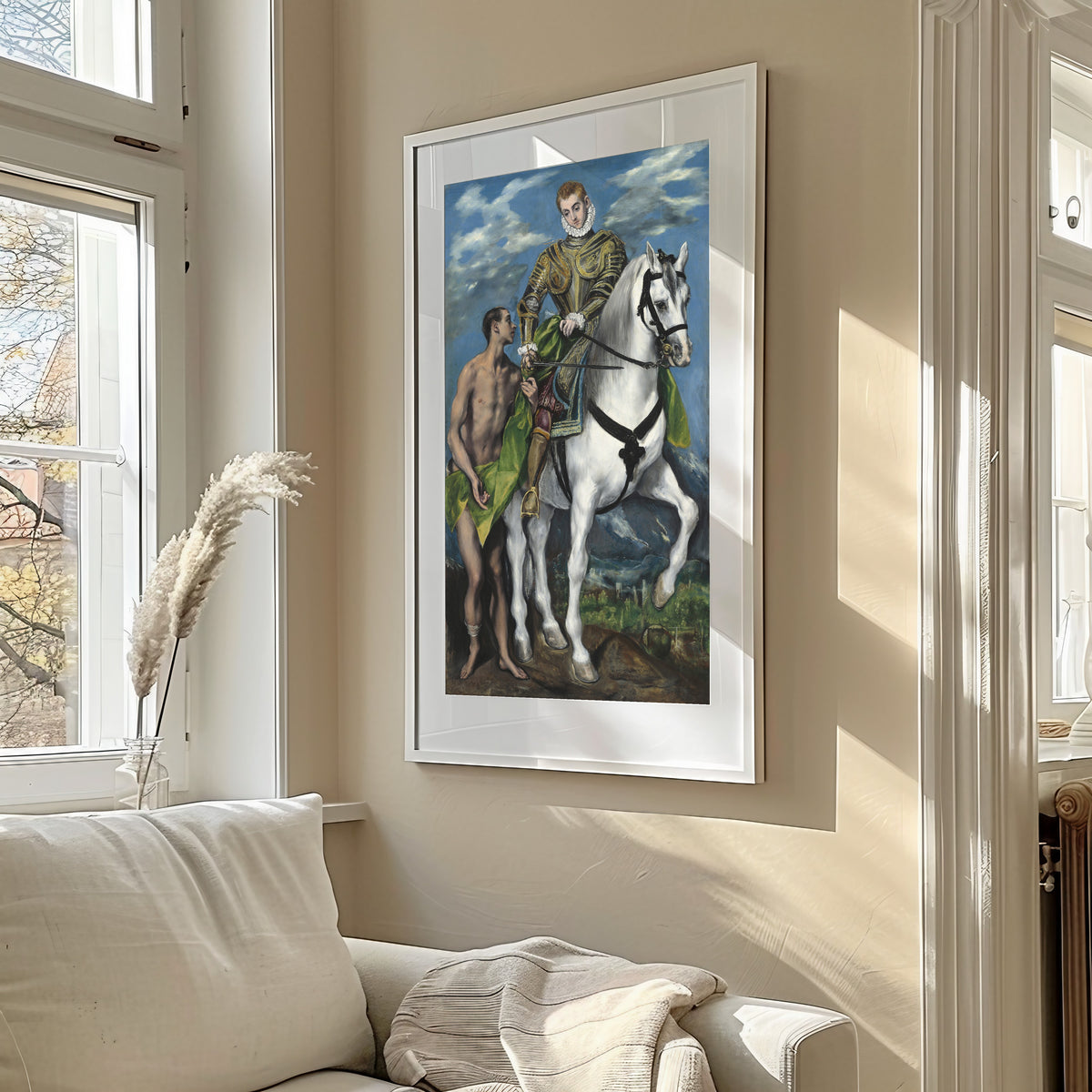 Framed art print of Saint Martin and the Beggar by El Greco, in a sunlit living room above a sofa