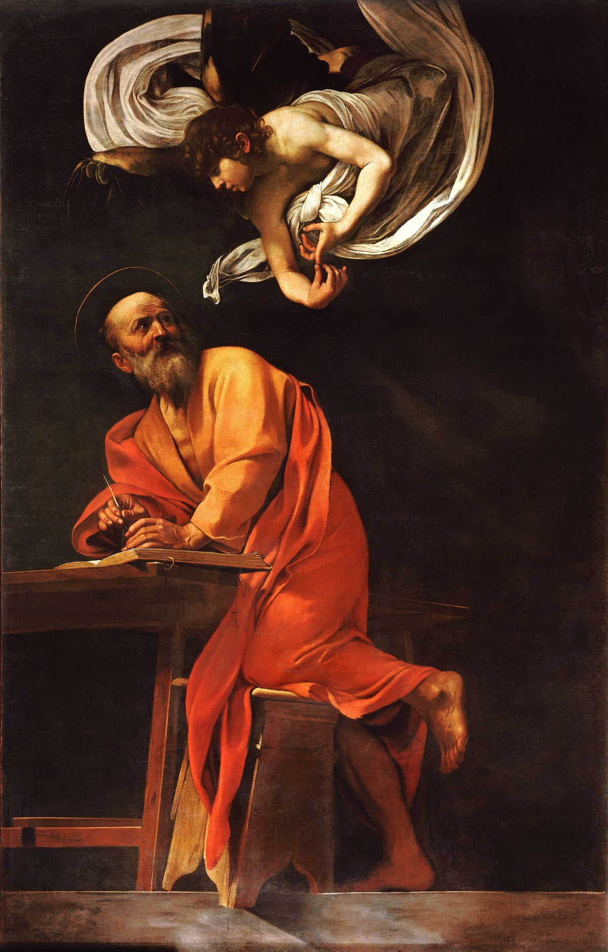 Saint Matthew and the angel by Caravaggio — A bearded saint looks up from his page as an angel hovers above
