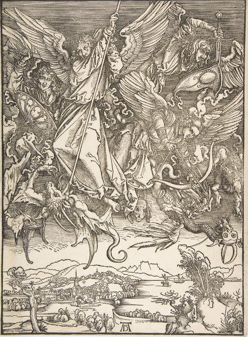 Saint Michael Fighting the Dragon by Albrecht Dürer — Winged angels with lances and shields battle dragons over a lake town