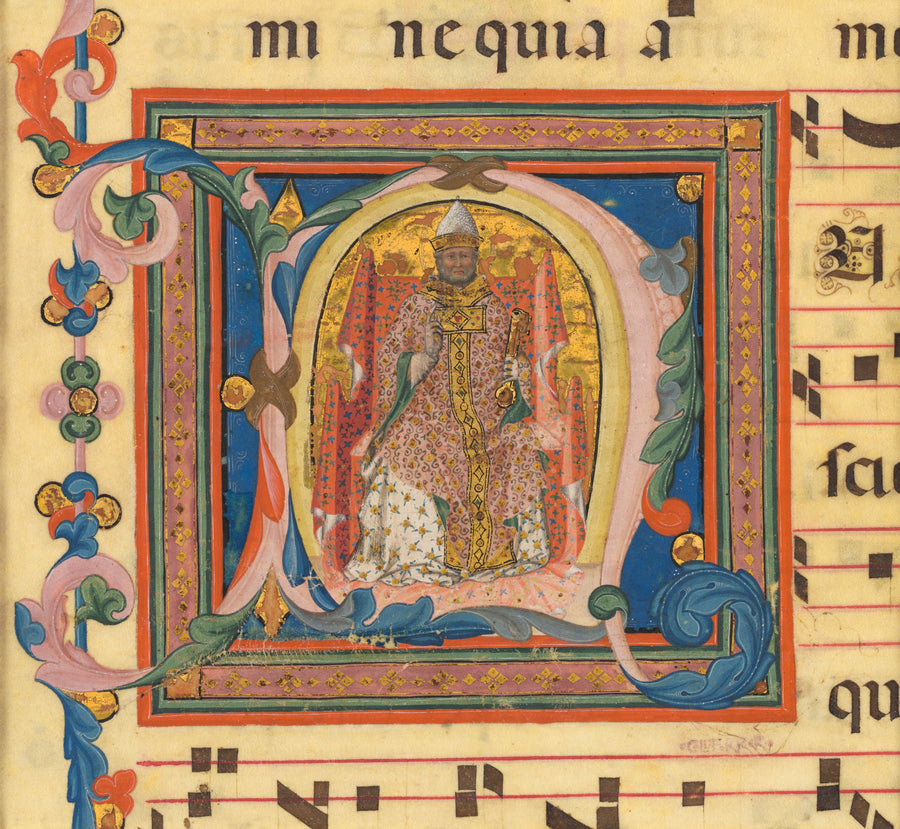 Lippo Vanni — Saint Peter Enthroned | Illuminated Initial Print shown to scale on a wall above a sofa