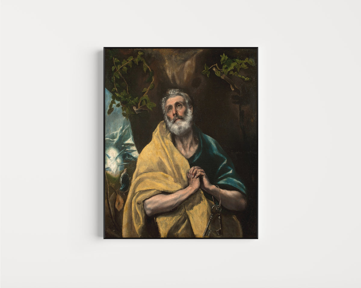 Framed art print of Saint Peter in Tears by El Greco, in a slim black frame on a plain white wall