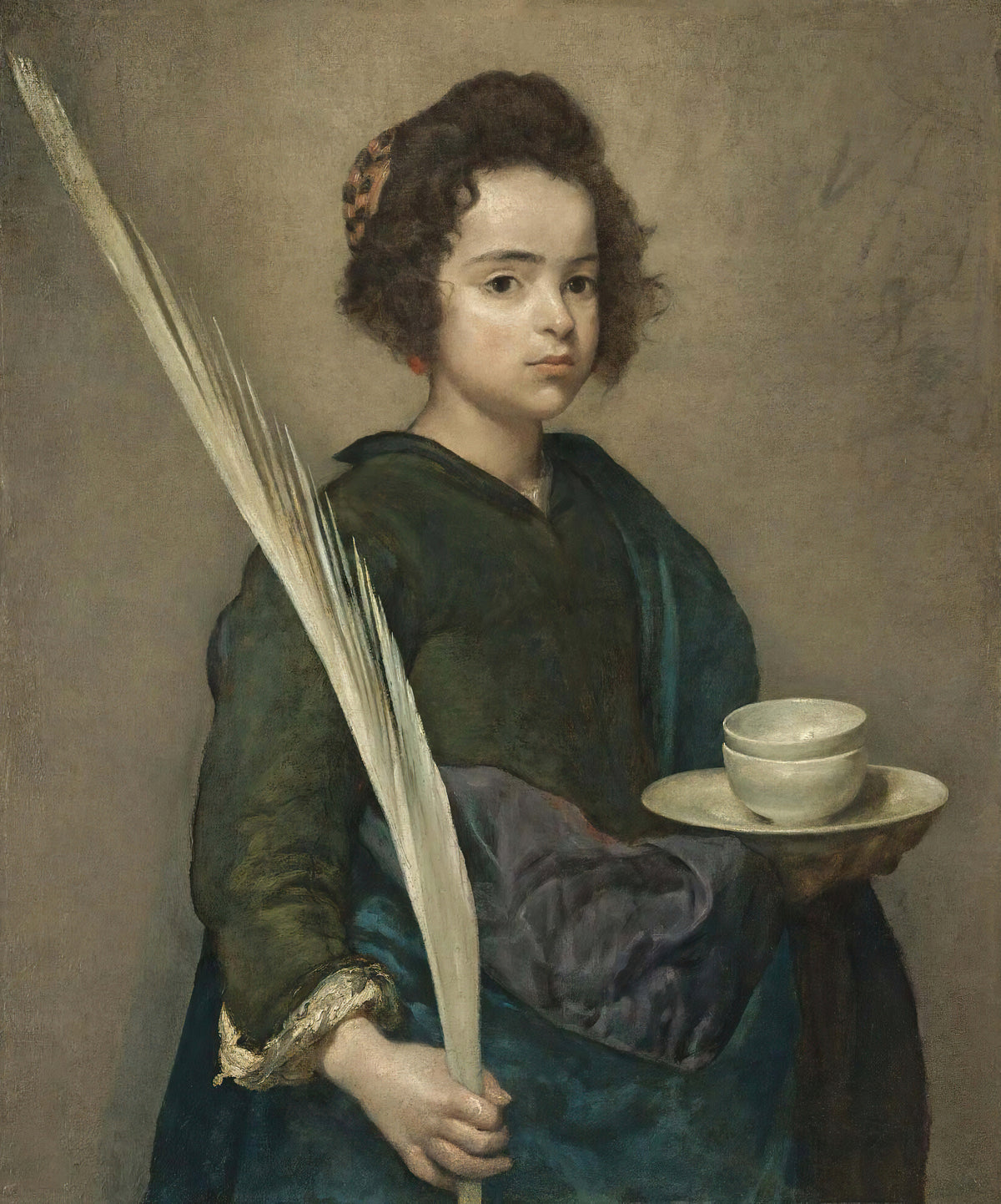 Saint Rufina by Diego Velázquez — A girl with a palm frond and a plate of bowls, gazing out