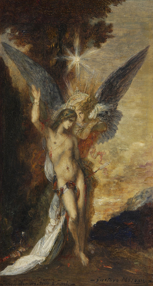 Saint Sebastian and the Angel by Gustave Moreau — A dark-winged angel holds the wounded Saint Sebastian