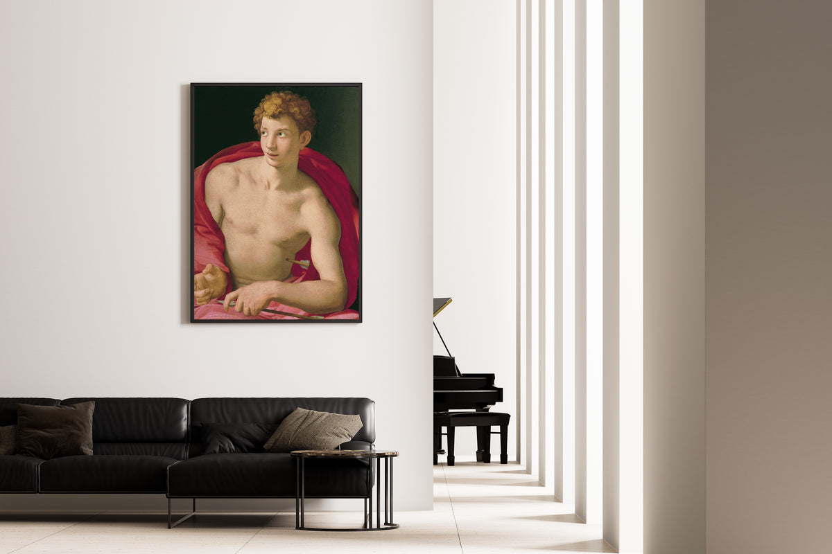 Framed art print of Saint Sebastian by Bronzino, on the wall of a minimal living room
