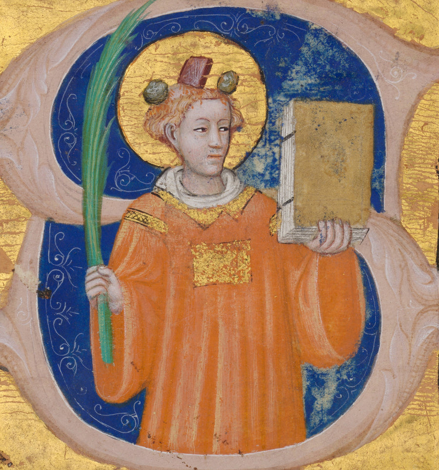 Master of the Brussels Initials — Saint Stephen in an Initial S | Illuminated Initial Print shown to scale on a wall above a sofa