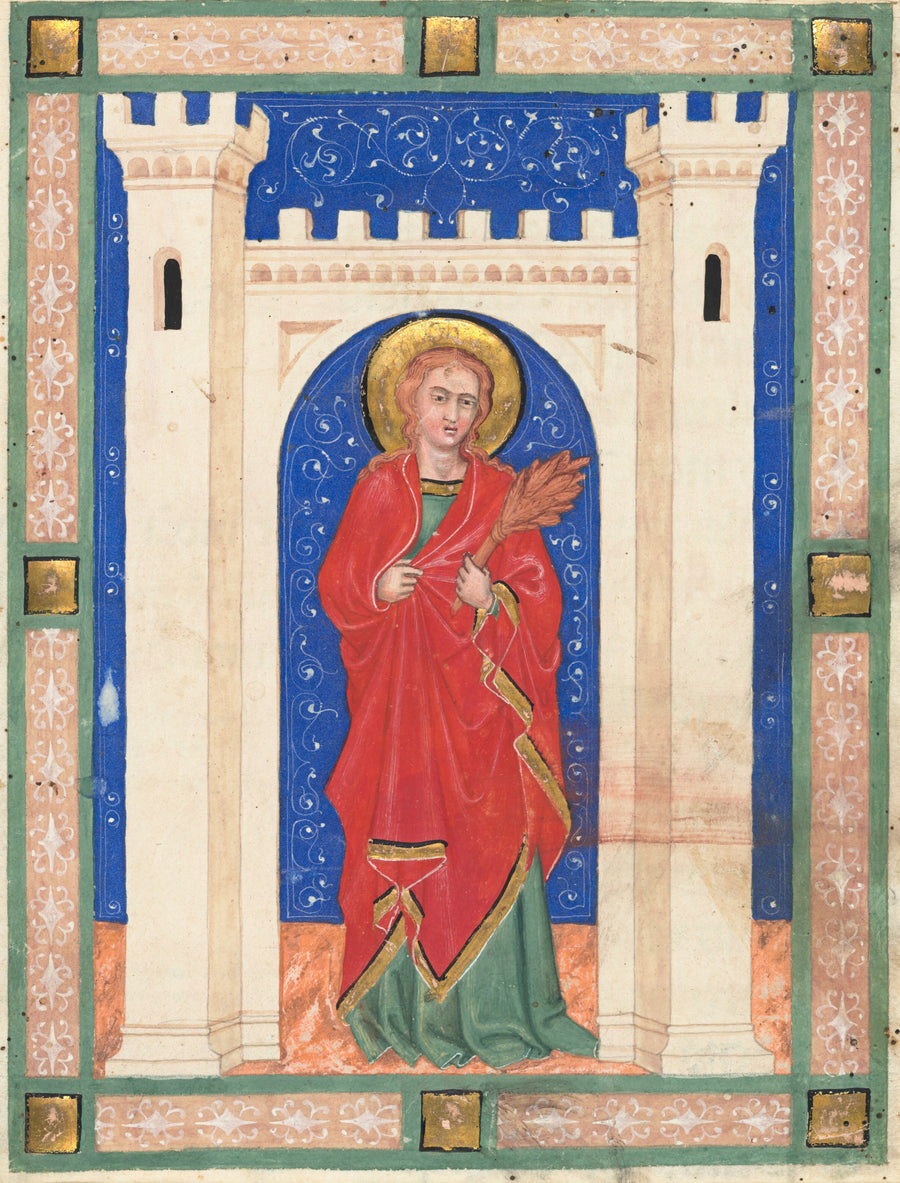 Matteo di ser Cambio di Bettolo — Saint Susanna | Illuminated Manuscript Print shown to scale on a wall above a sofa