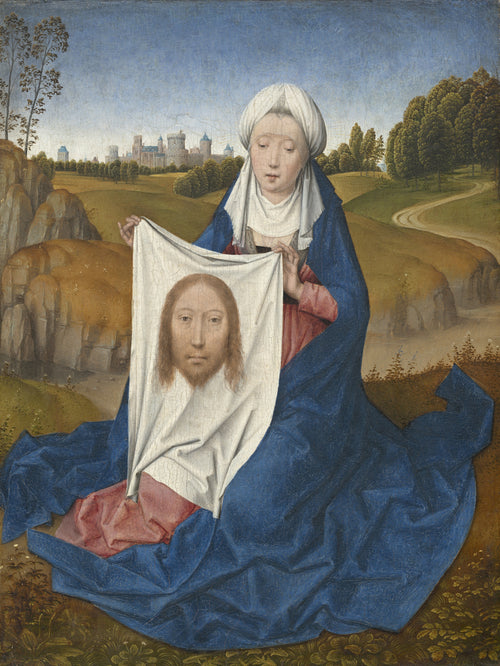 Saint Veronica by Hans Memling — Saint Veronica holds up the cloth bearing the face of Christ
