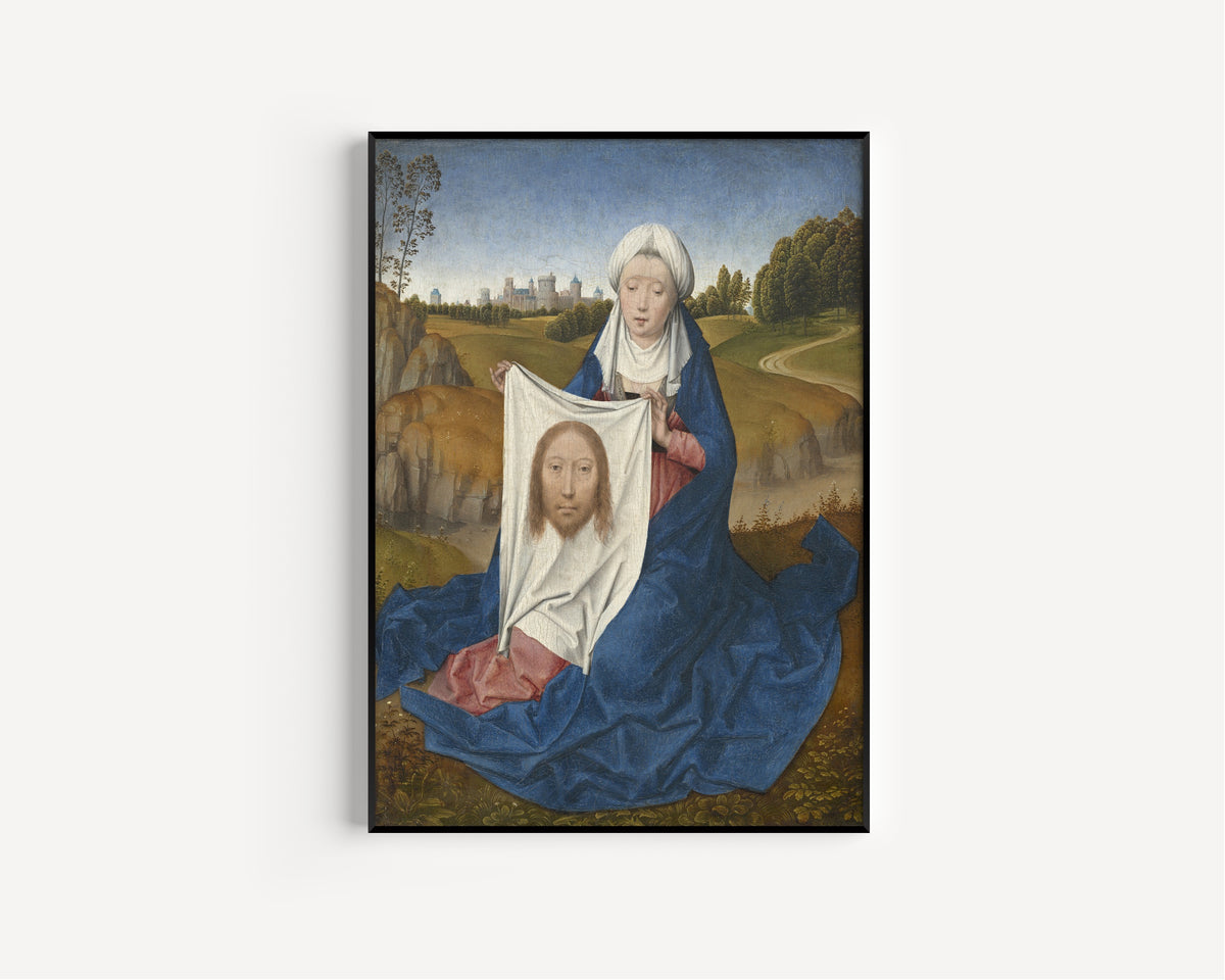 Framed art print of Saint Veronica by Hans Memling, in a slim black frame on a plain white wall