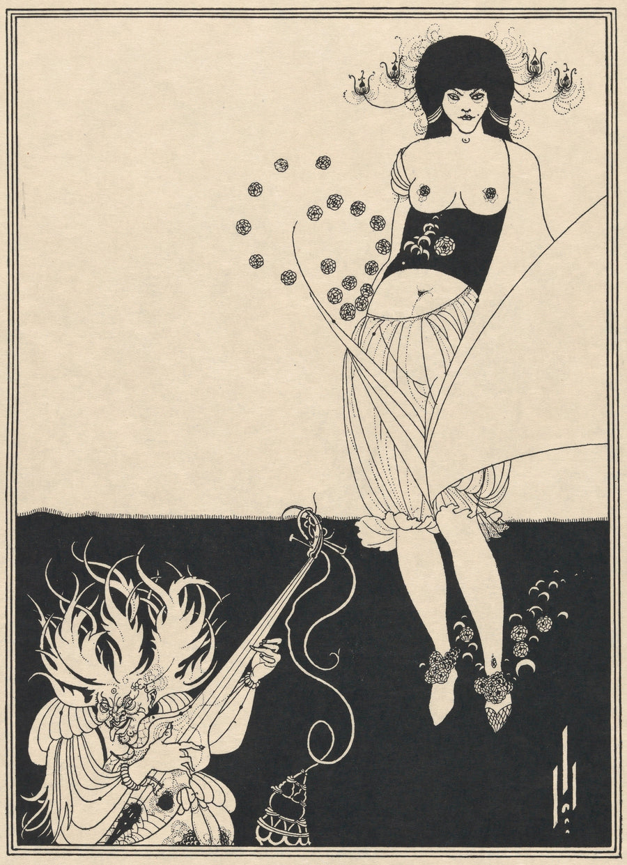 Aubrey Beardsley — Salome: The Stomach Dance | Art Nouveau Illustration Print shown to scale on a wall above a sofa