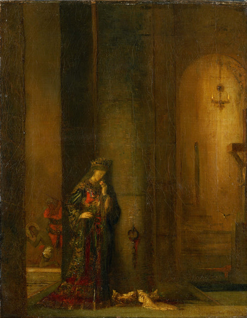 Salome at the Prison by Gustave Moreau — A crowned princess lifts a small flower to her face in a prison hall