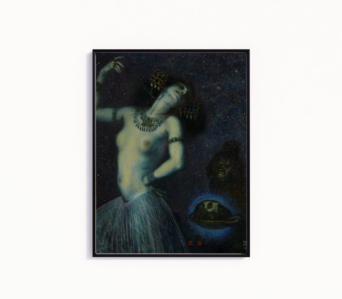 Framed art print of Salome by Franz von Stuck, in a slim black frame on a plain white wall