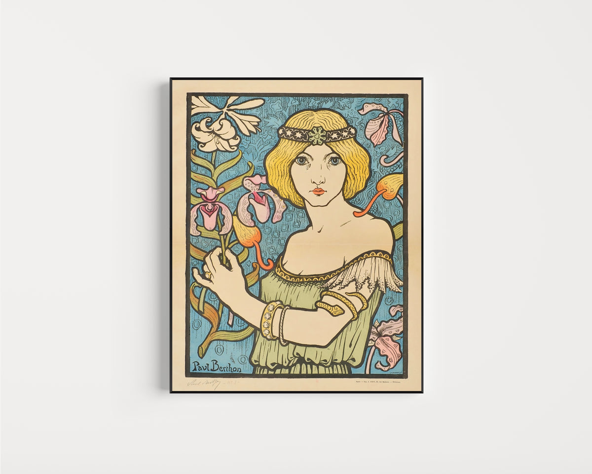 Framed art print of Salon des Cent: 17e Exposition (unlettered state) by Paul Berthon, in a slim black frame on a plain white wall