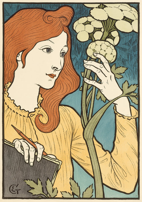 Salon des Cent by Eugène Grasset — A red-haired woman with a sketchbook studies a white flower head