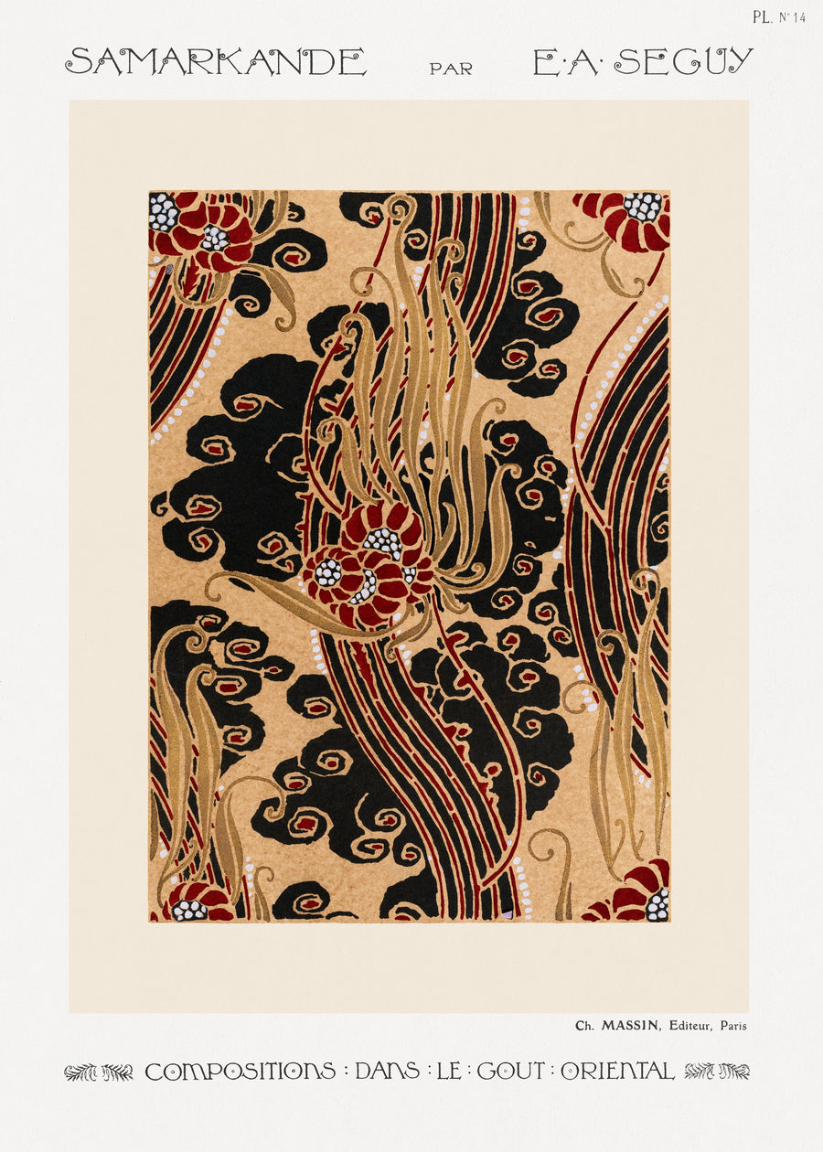 E. A. Séguy — Samarkande, Plate 14 | Art Deco Pattern Print shown to scale on a wall above a sofa