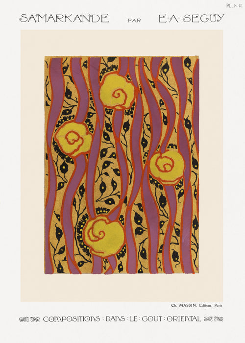 Samarkande, Plate 15 by E. A. Séguy — Bright yellow spirals glow between mauve and gold stripes