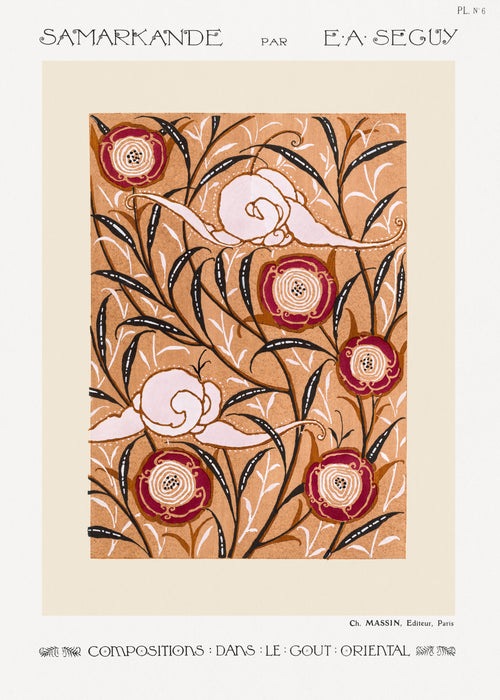 Samarkande, Plate 6 by E. A. Séguy — Dark red pomegranate blooms cluster among willow-like leaves