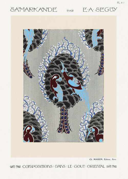 Samarkande, Plate 7 by E. A. Séguy — Five perched birds crown a stylized black tree