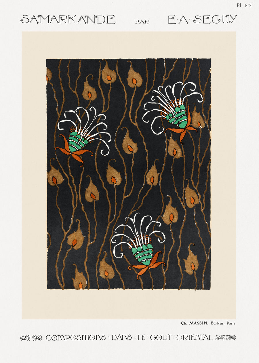 E. A. Séguy — Samarkande, Plate 9 | Art Deco Pattern Print shown to scale on a wall above a sofa