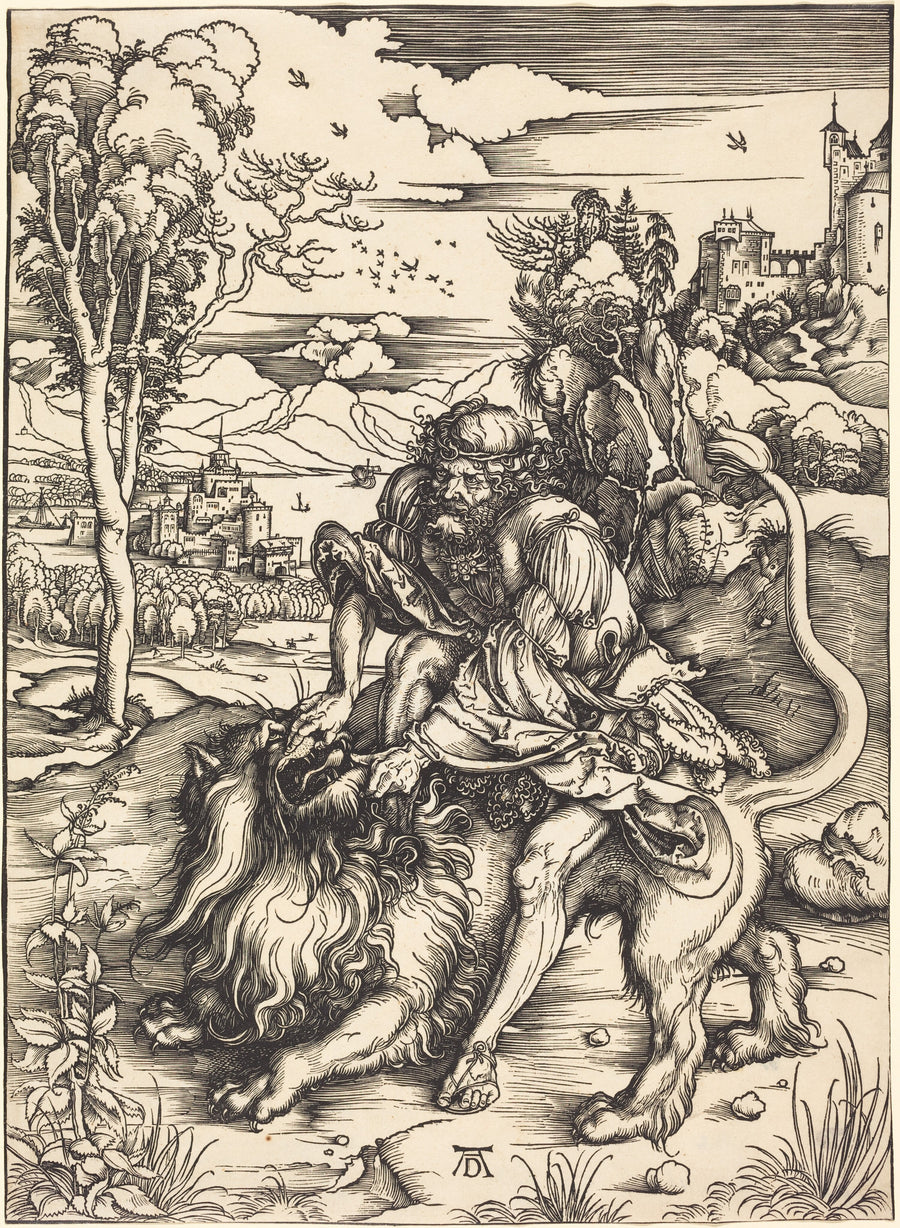 Albrecht Dürer — Samson Fighting with the Lion | Woodcut Print shown to scale on a wall above a sofa