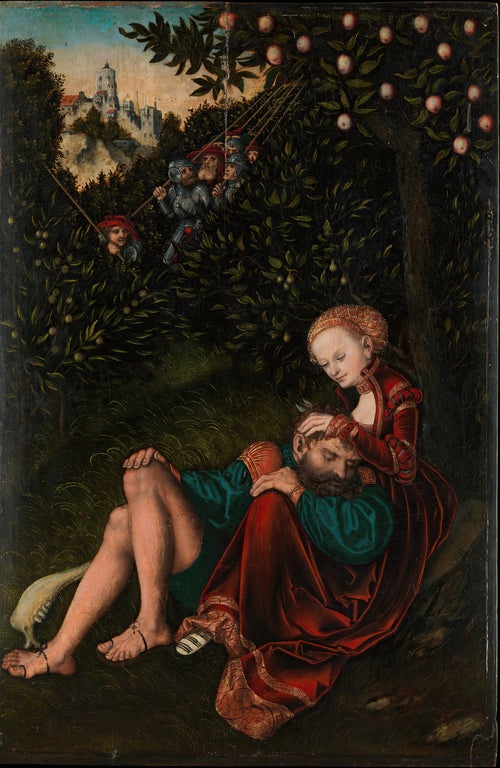Samson and Delilah by Lucas Cranach the Elder — A woman shears a sleeping man's hair as armoured soldiers creep up