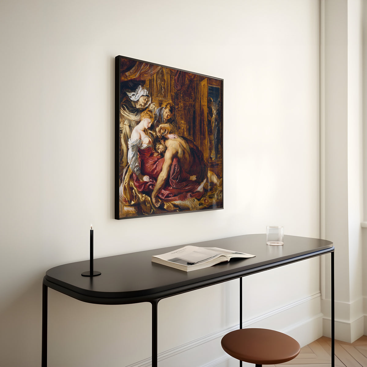 Framed art print of Samson and Delilah by Peter Paul Rubens, above a slim black console table