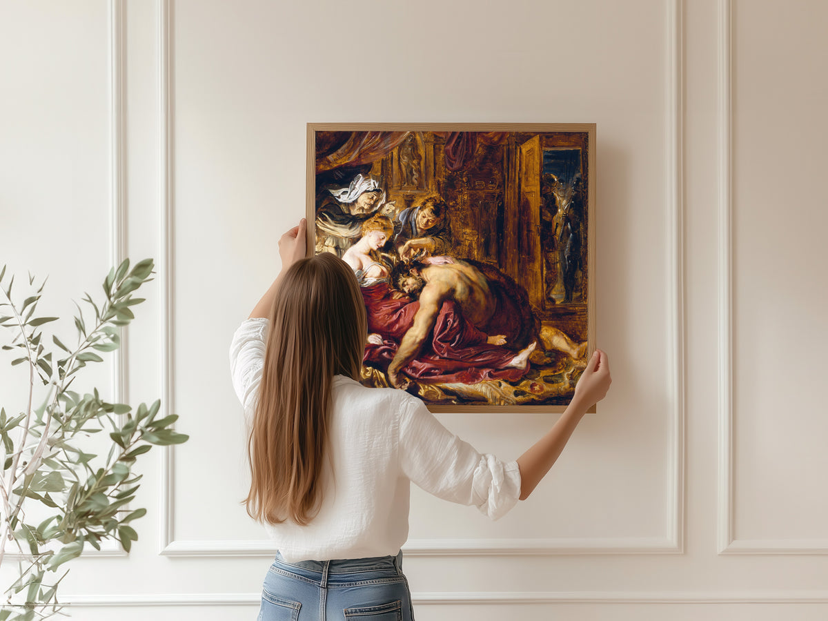 Framed art print of Samson and Delilah by Peter Paul Rubens, hung on a panelled wall
