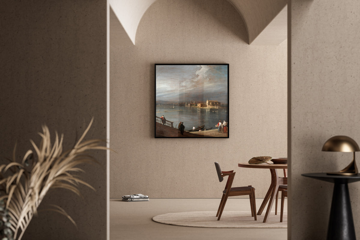 Framed art print of San Cristoforo, San Michele, and Murano from the Fondamenta Nuove, Venice by Canaletto, in a sunlit dining corner