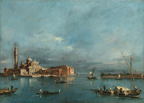 San Giorgio Maggiore, with the Punta della Giudecca by Francesco Guardi — A white church and bell tower stand across a calm lagoon