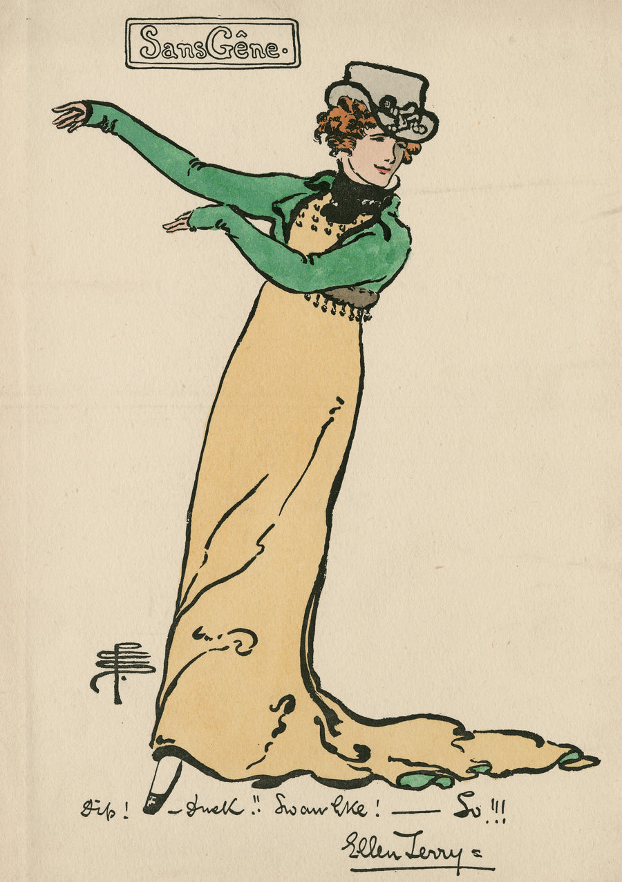 Pamela Colman Smith — Sans Gêne | Theatre Illustration Print shown to scale on a wall above a sofa