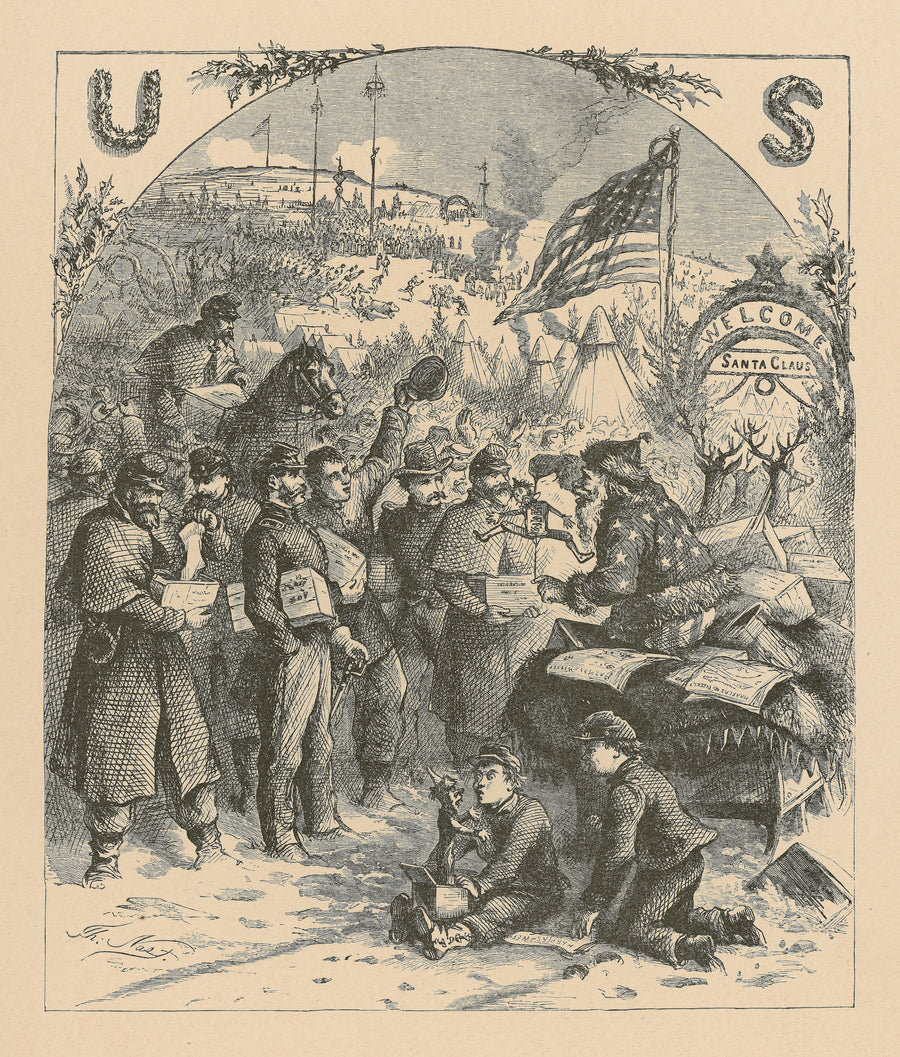 Thomas Nast — Santa Claus in Camp | Vintage Christmas Print shown to scale on a wall above a sofa