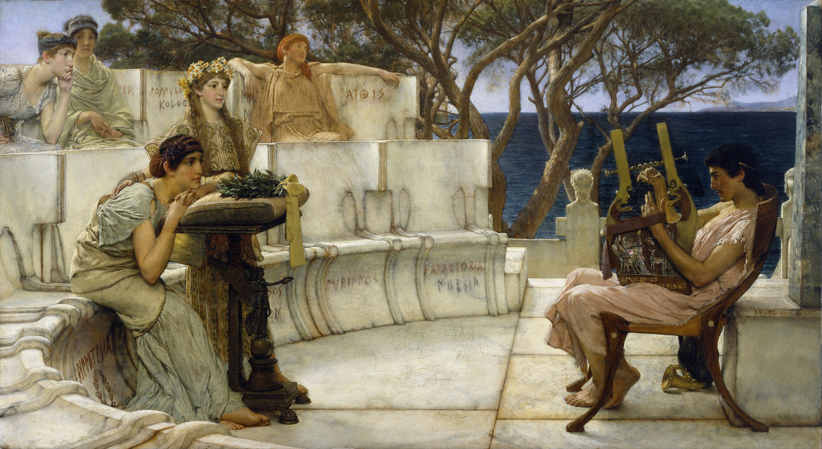 Sappho and Alcaeus by Lawrence Alma-Tadema — A young poet plays the kithara to women on a marble terrace by the sea