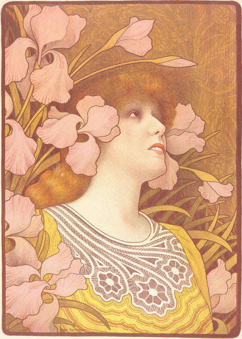 Sarah Bernhardt as Mélissinde in La Princesse Lointaine by Paul Berthon — Sarah Bernhardt gazes upward among large pink irises