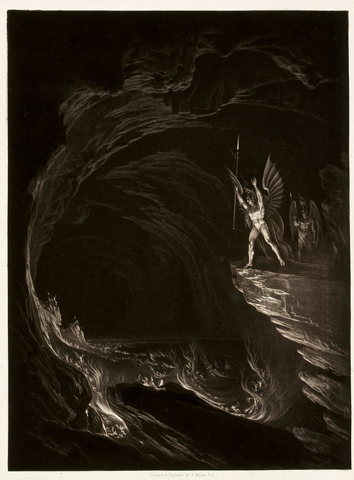 Satan Arousing the Fallen Angels, from Paradise Lost, Book 1 by John Martin — Satan raises his arms at the mouth of a cavern above a burning lake