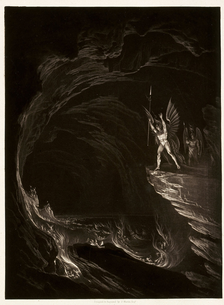 John Martin — Satan Arousing the Fallen Angels, from Paradise Lost, Book 1 | Mezzotint Print shown to scale on a wall above a sofa