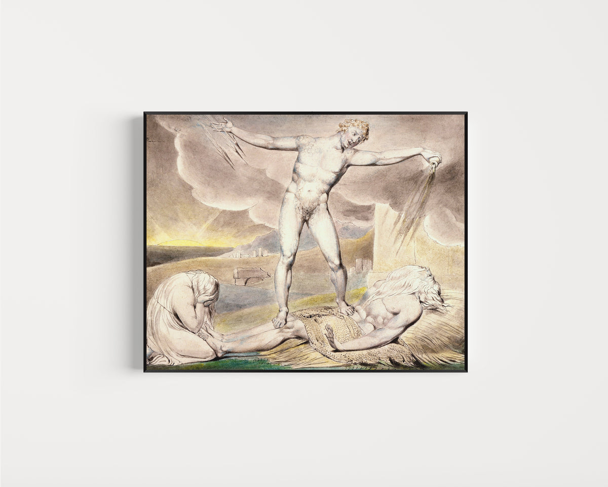 Framed art print of Satan Smiting Job with Boils by William Blake, in a slim black frame on a plain white wall
