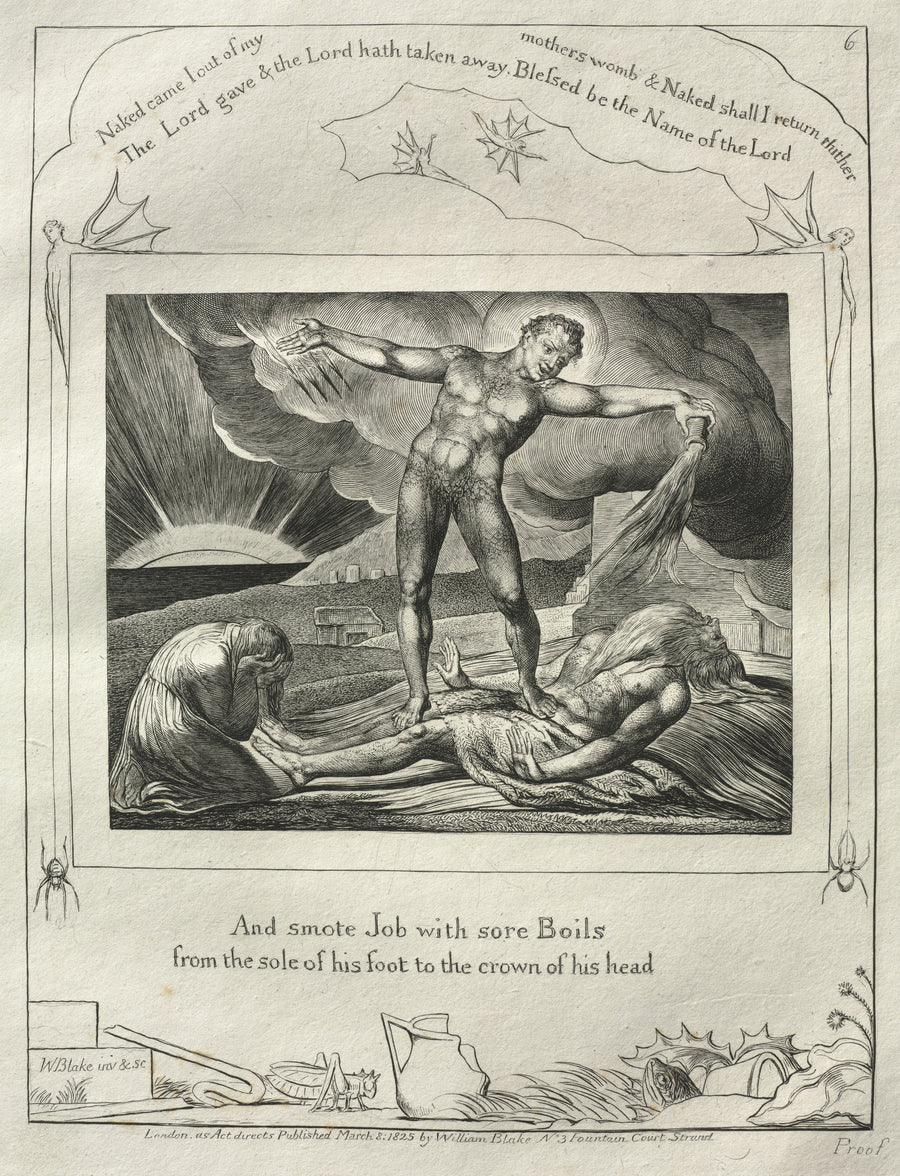 William Blake — Satan Smiting Job with Sore Boils (Book of Job, Plate 6) | Engraving Print shown to scale on a wall above a sofa