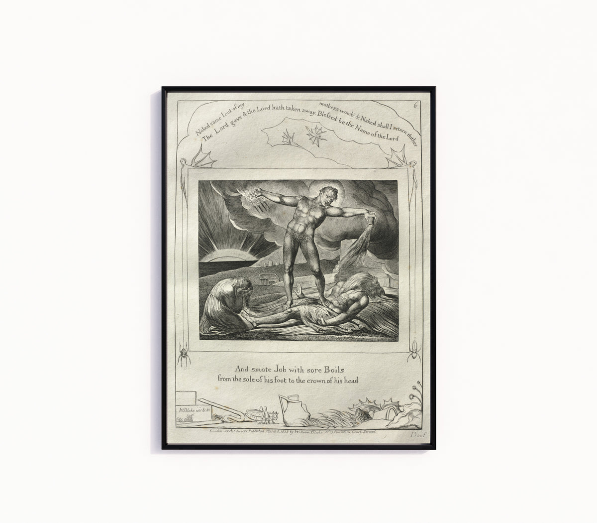 Framed art print of Satan Smiting Job with Sore Boils (Book of Job, Plate 6) by William Blake, in a slim black frame on a plain white wall