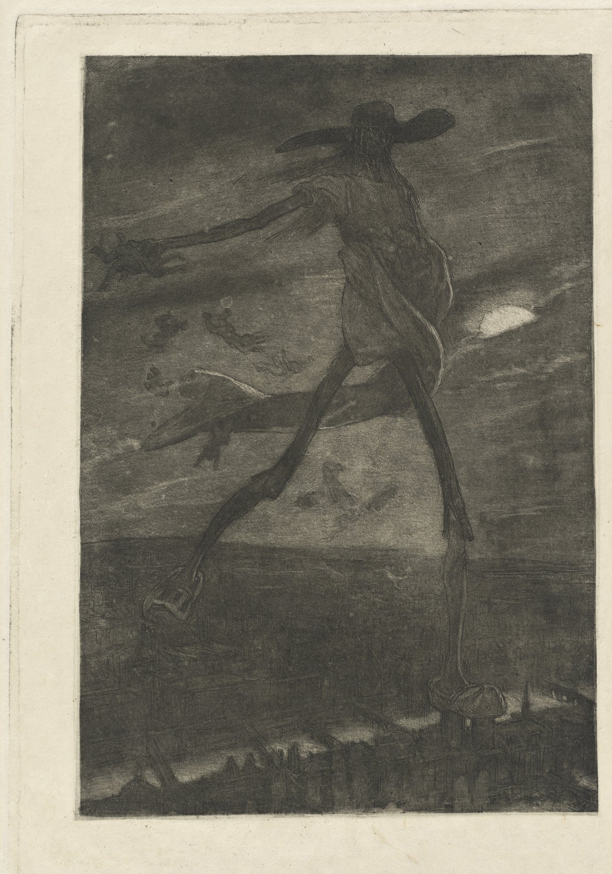 Satan Sowing Tares (Satan semant l'ivraie) by Félicien Rops — A gaunt giant in a wide hat strides over a dark city sowing seed